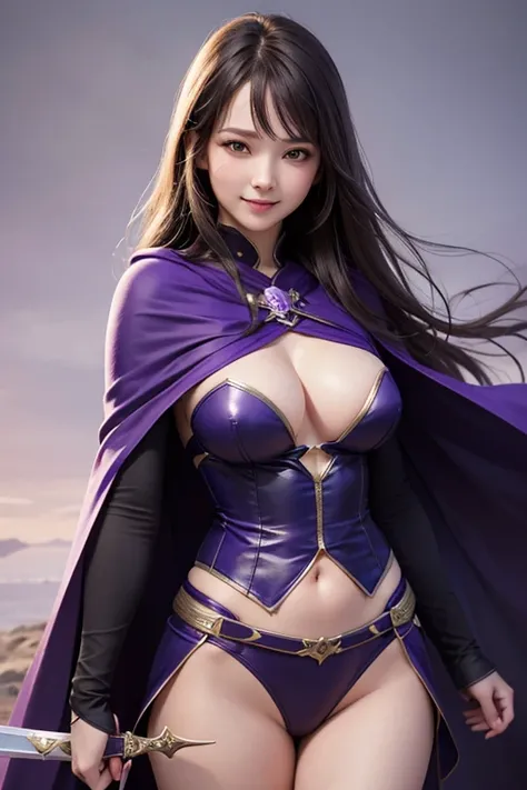 
(8k), (Highest quality: 1.2), (Realistic), (Realistic: 1.37), Ultra-high resolution, 1 person, cute, Smiling face, Beautiful details, narrow, (Large Breasts), Violet Cape, Violet Thin Sword, Violet&#39;s Heavy Mecha Armor, transparent, Sexy muscular femal...