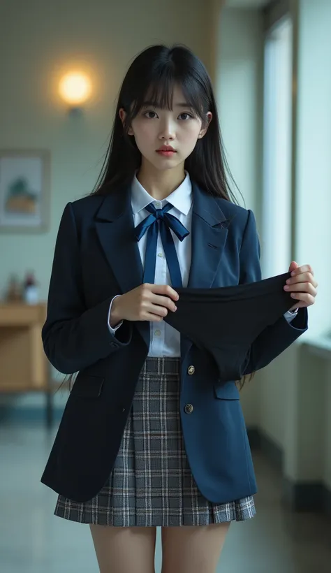 Ultra-realistic, Wide Shot, 1. Female, Japanese Teen, Straight Long Hair, Big, sharp eyes shining brightly, Long eyelashes, A navy blue blazer uniform with a blue ribbon tie over a white dress shirt, Checked mini skirt, White calf socks and white sneakers,...