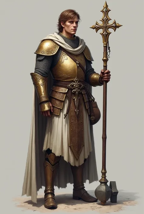 A brown-haired RPG cleric in light chain mail armor, a staff with a cross on the end, a hammer on the waist, gray background and a bag at the waist, Please 