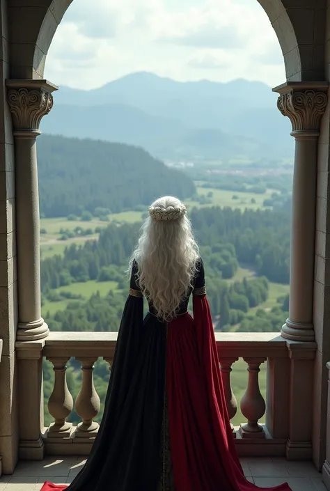 Create a girl a targaryen. She is a beautiful girl with an angelic face and long, curly, platinum-colored hair./white and she has violet eyes and she will be wearing a black and red medieval dress, and you will be on a balcony looking at the view *balcony ...