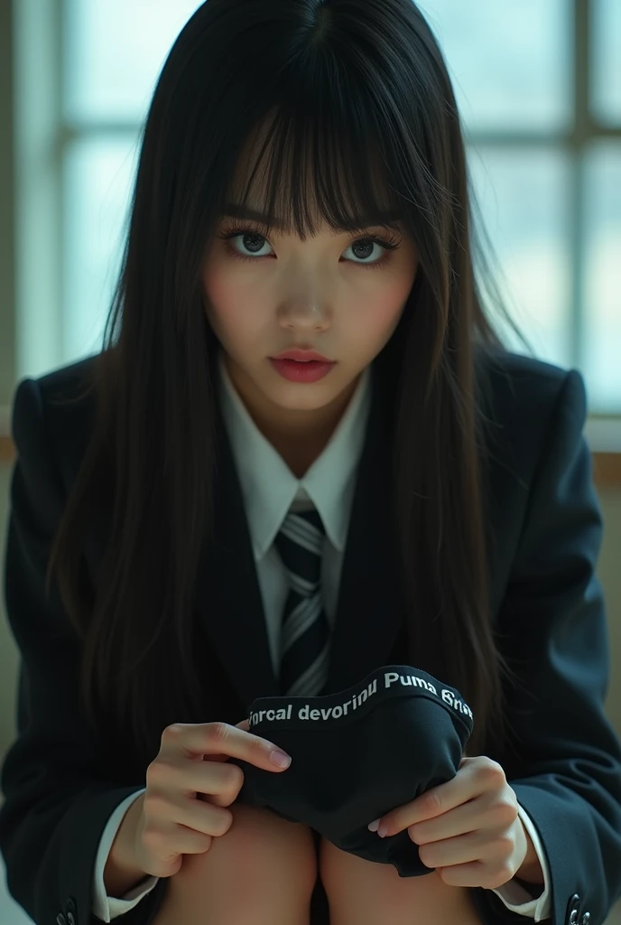 Ultra-realistic, Wide Shot, 1. woman, Japanese Teen, Straight Long Hair, big, Sharp eyes shine brightly, Long eyelashes,Imabari Higashi High School blazer uniform, Checked mini skirt, White calf socks and white sneakers, Holding black Puma underwear、, Chia...