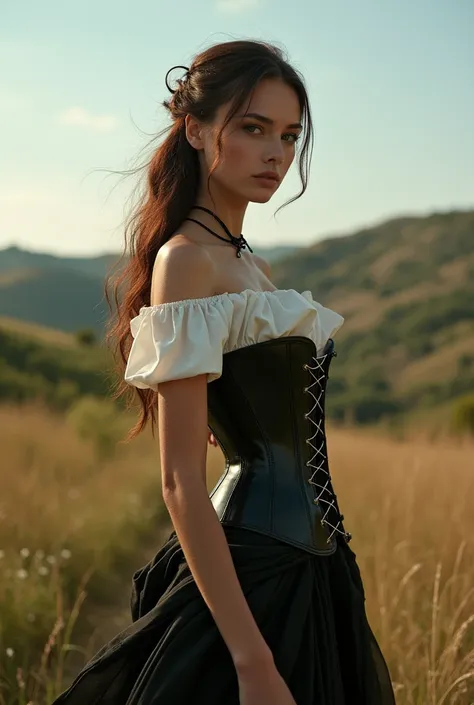 woman, wearing hobble corset, country side