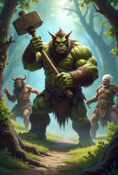 there is a painting of a big troll with a hammer in his hand, bugbear, bugbear ranger, raging bugbear, epic full color illustration, grog strongjaw, fur-clad barbarian goliath, a druid, gnoll, tyler edlin fantasy art, troll, humblewood art style, high fant...