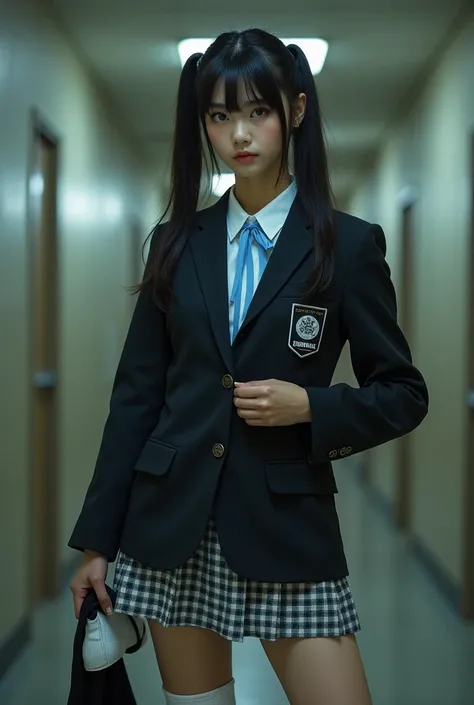 Ultra-realistic, Wide Shot, 1. woman, Japanese Teen, Twin tails, big, A sharp gaze shines, Long eyelashes,Imabari Higashi High School blazer uniform,Light blue ribbon, Checked mini skirt, White calf socks and white sneakers, Holding a pair of black Puma un...