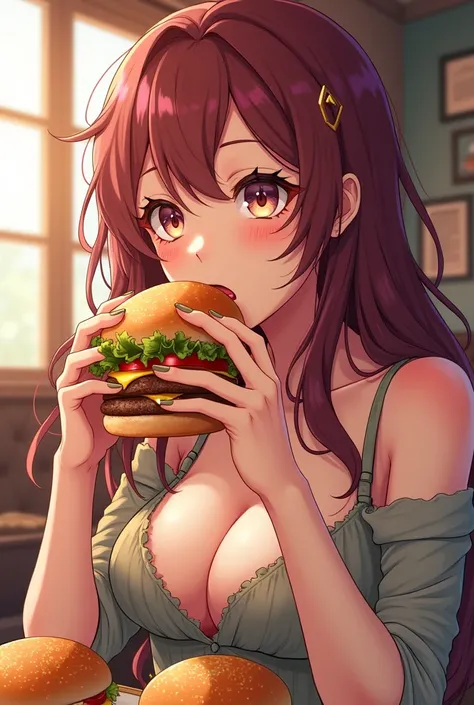 Make an anime style woman. Now make her eat burgers. She notices that I gain 5 kg but she doesn&#39;t care She eats more burgers and gains ten kilos 


 

