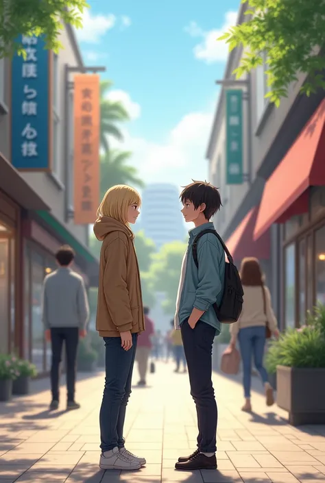 Blonde haired Japanese woman with her boyfriend at her side, Talking with another Japanese man who is his partner in front of them. in a shopping center 