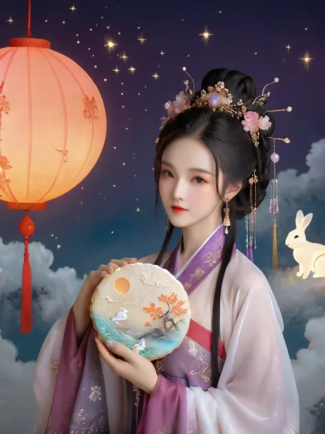 Dunhuang art style，Extremely long-distance lens, Surreal space，Mid-Autumn Festival，(sweet and delicious giant round mooncakes)，Ancient mythology，Hanfu，1个身穿Hanfu的可爱女孩，Beautiful girl，Perfect face，Pampering beauty，Wearing traditional silk clothing，Silk clothi...