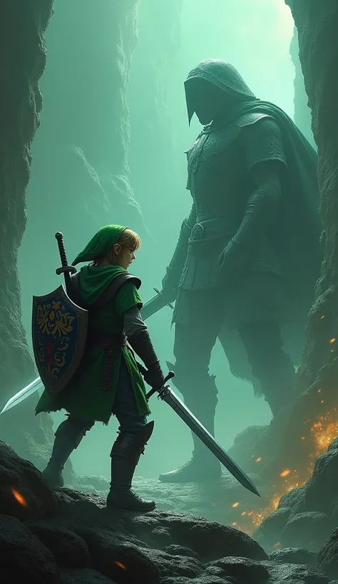 a knight in green tunic, master sword, hylian shield, epic battle, dark link, sword fighting, ocarina of time, legend of zelda, photorealistic, highly detailed, 8k, studio lighting, dramatic lighting, hyper realistic, volumetric lighting, cinematic composi...