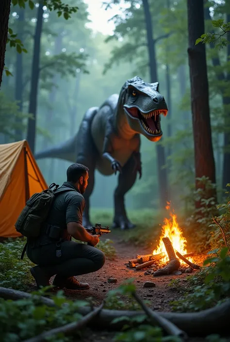 Man crouch in forest near the tent with campfire a dinosaur going to attack change the dinosaur type again