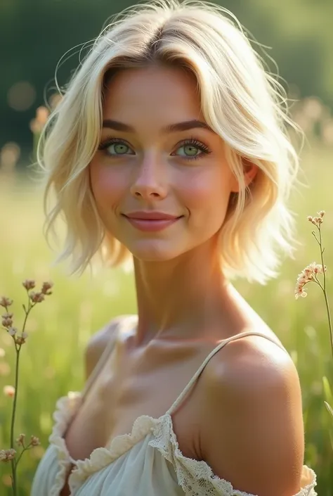 a pretty  girl with short blonde hair and a nice front condition