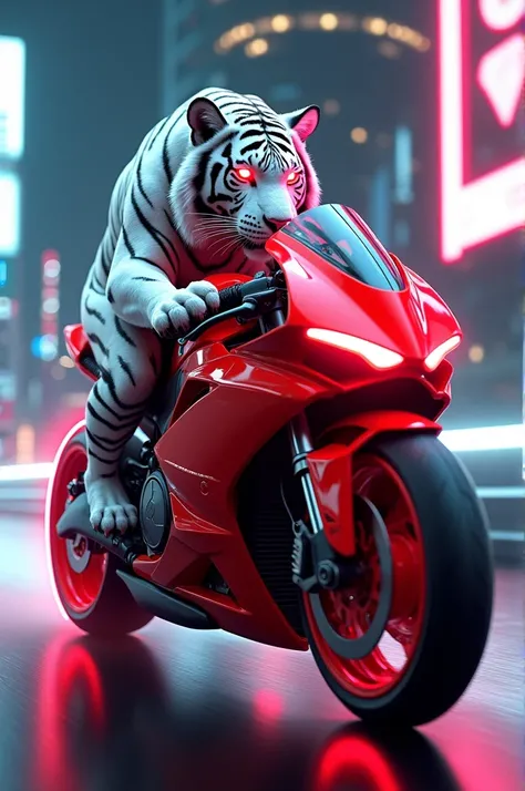 A bullet bike in red colour driving a tiger with white hair an neon light in tiger eyes 