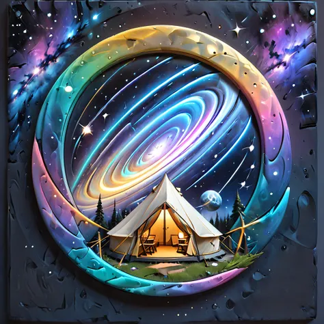 glamping、symbol、three-dimensional、shine、shine、gold、the background is a large galaxy