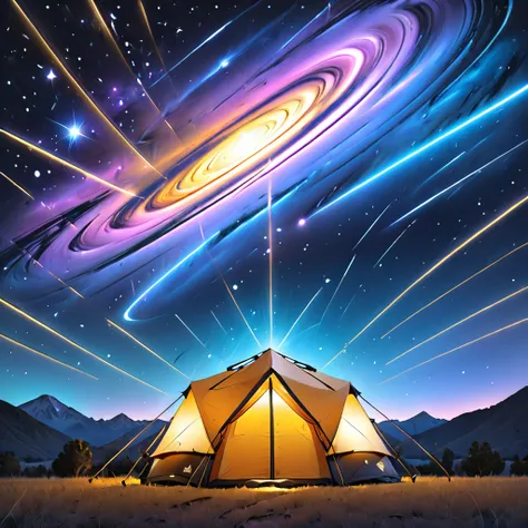 glamping、symbol、three-dimensional、shine、shine、gold、the background is a large galaxy