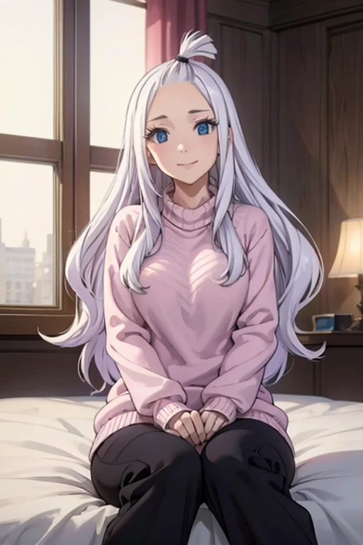 a beautiful girl with long white hair, blue eyes, detailed facial features, Mirajane Strauss, wearing a pink sweater, black sweatpants, sitting on a bed, smiling, intricate details, high quality, 8k, photorealistic, studio lighting, dynamic pose, warm colo...