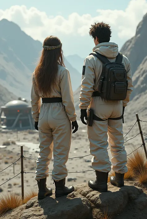 Two scientists, a woman with loose hair and a man in dirty scientific clothes, standing on top of a small mountain overlooking a scientific base in a somewhat deserted place with many wire fences.. With clothing that covers your entire body 