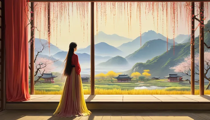 The painting style is quiet、The lighting is yellow. Home々A distant mountain々Surrounded by, The willows in the courtyard are swaying in the wind. Several layers of pale red curtains、It adds a slightly mystical atmosphere to the deep landscape.。, The woman i...