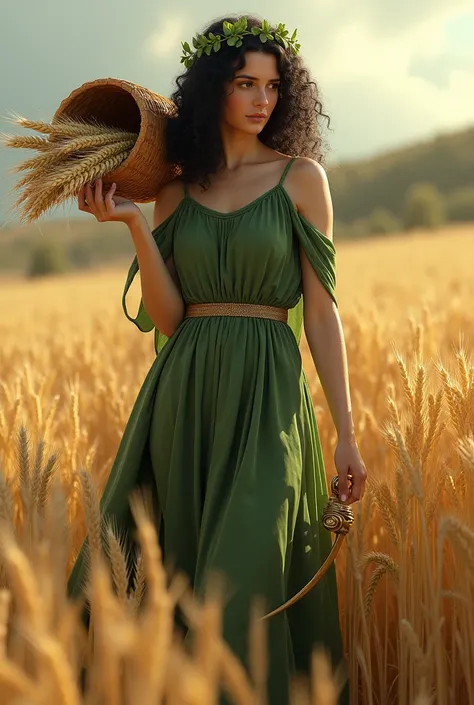 Goddess wearing green dress with sleeves,  curly black hair, laurel wreath, carrying on his shoulder a cornucopia of wheat stalks, holding in his right hand a small golden sickle, in the middle of the wheat field.