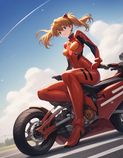 shikinami asuka langley, plug suit、woman riding a largemotorbike（rider、gold and red two-tone hairstyle、detailed description、perf...