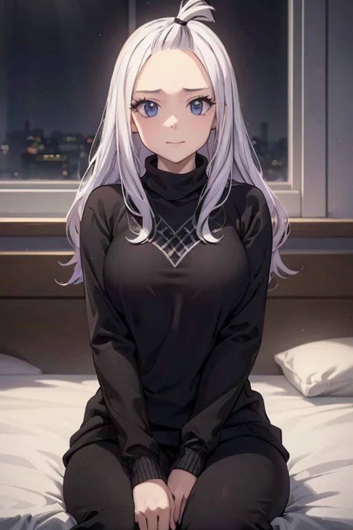 a delicate girl, Mirajane Strauss, a beautiful smile, black sweater, black sweatpants, sitting on a bed, detailed facial features, extremely detailed eyes and face, longeyelashes, intricate clothing folds, soft lighting, warm color palette, photorealistic,...