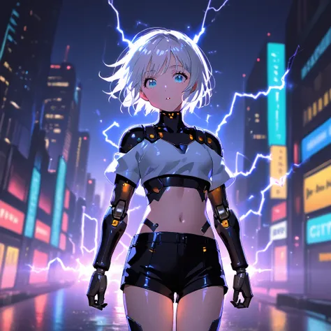 anime girl, pretty, short hair, white hair, crop top, short shorts, futuristic girl, city background with electricity rays