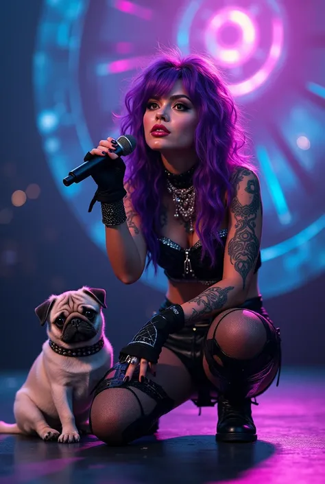 Purple haired vocalist with pug