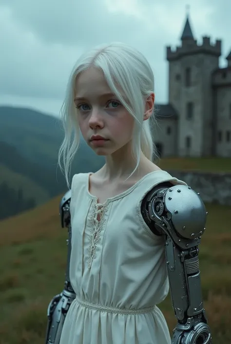 Teen Albino girl middle ages with Left robotic arm