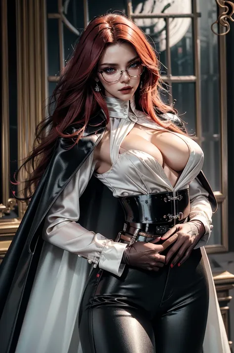 a beautiful young woman with long red hair, slim body, thin waist, narrow hips, detailed facial features, ((wearing high quality high waist black leather pants with metal decoration)), ((((wearing formal white colored silk shirt with cleavage and long slee...