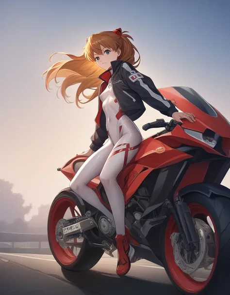 Shikinami Asuka Langley, detailed description、Plug Suit、Translucent costume, Small breasts, Jacket, Woman riding a largemotorbike（rider、Gold and red two-tone hairstyle、Detailed Description、Perfect Face、Armed、）、red motorbike（red、bike、two-wheeled vehicle、Lar...