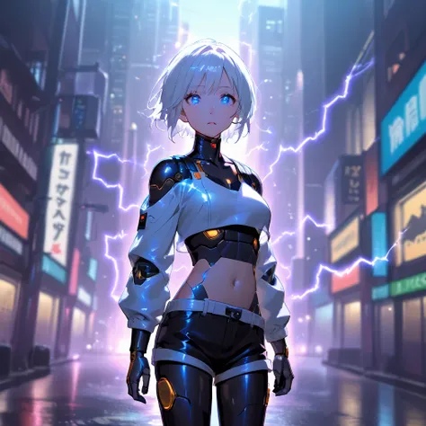 anime girl, pretty, short hair, white hair, crop top, short shorts, futuristic girl, city background with electricity rays