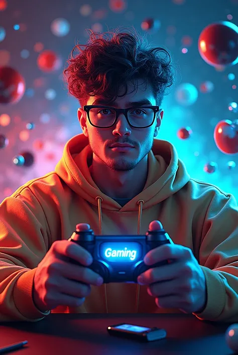 Hyperrealistic of a young man, wearing glasses, holding a video game controller with the word GAMING on it.COM in 3D in front of you.
Surrounded by colorful explosion of gaming equipment, tools and water splash. Energetic, highlighting a gamer&#39;s creati...