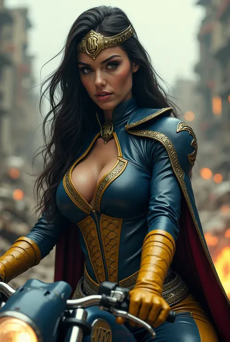 (((In extreme close-up a beautiful woman with long black hair (((Diaema in golden circles on her forehead)))Under the cloak of Big Barda light eyes her superheroine costume is samurai themed. Her usual costume is a blue leather jumpsuit with scales all ove...