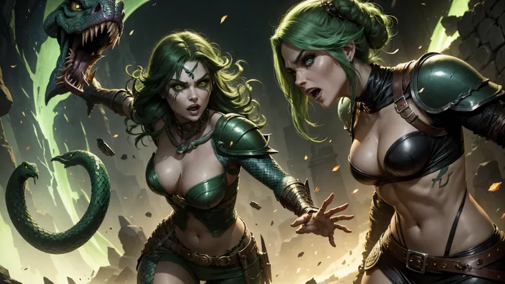 dungeons and dragons, snake scaled face, rpg, green hair, woman warrior, full armor, snake like eyes and snake like teeth, full doby image