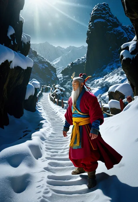 (Snow Scenery), "The journey to the West". Beautiful cinematic lighting, surreal, color graded, dynamic movement, captivating chiaroscuro, (special effects:0.1), full body, award-winning, cinematic still, emotional, vignette, dynamic, vivid, (masterpiece, ...