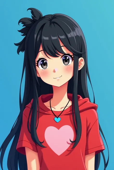 Disney image of a black haired girl, straight , long, Book hairstyle with ruffles wearing a red t-shirt with a heart in the middle, a hood on and a blue heart necklace, bright blue heart background 