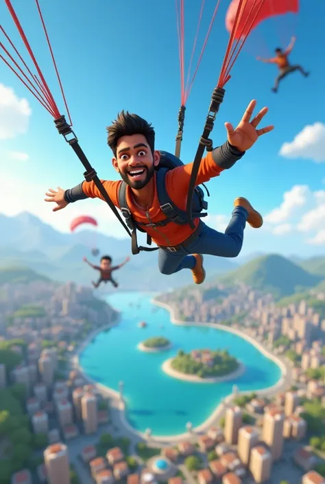 Generate a cinematic 3d cartoon style " Ravi parachuting onto the island: Ravi, equipped with a backpack, is parachuting down towards the burmunda map in free fire, with other players descending in the background. The sky is clear, and the island below is ...