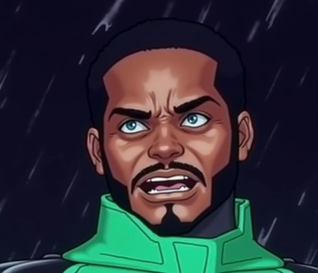 a short-haired black man under the cloak of green lanterns flying over a rainy apocalyptic city screaming exhausted after a battle Green suit combined with black in shiny leather boots and white leather gloves emblem of the green lanterns on his chest (((w...