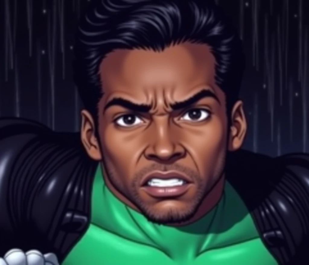 a short-haired black man under the cloak of green lanterns flying over a rainy apocalyptic city screaming exhausted after a battle Green suit combined with black in shiny leather boots and white leather gloves emblem of the green lanterns on his chest (((w...