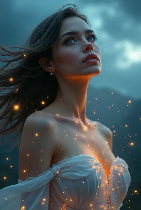 a woman with magical powers, beautiful detailed eyes, beautiful detailed lips, extremely detailed eyes and face, long eyelashes, glowing skin, flowing long hair, magical energy aura, floating magical elements, levitating, surreal landscape, dark clouds, mo...