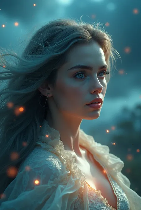 a woman with magical powers, beautiful detailed eyes, beautiful detailed lips, extremely detailed eyes and face, long eyelashes, glowing skin, flowing long hair, magical energy aura, floating magical elements, levitating, surreal landscape, dark clouds, mo...