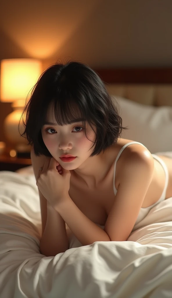 (masterpiece, 1girl, Japanese, 4, short black hair, (crawling on bed), luxury hotel room, soft lighting)
