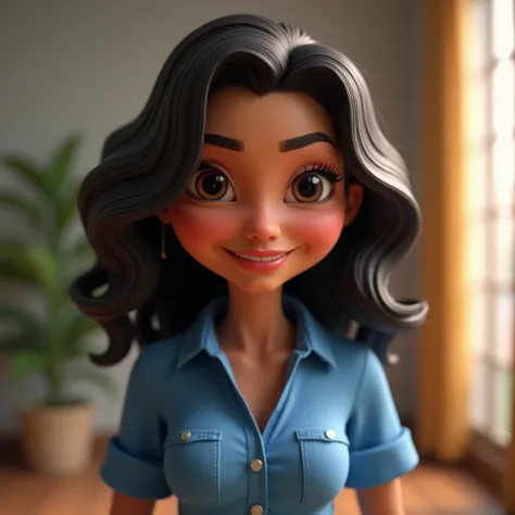 cartoon character de uma mulher brasileira com uma camisa azul, forehead a little big. big breasts animation character, stylized character, animation style rendering, 3d stylized, Arnold Maya rendering, Stylized 3D rendering, toon render screenshot, 3d cha...