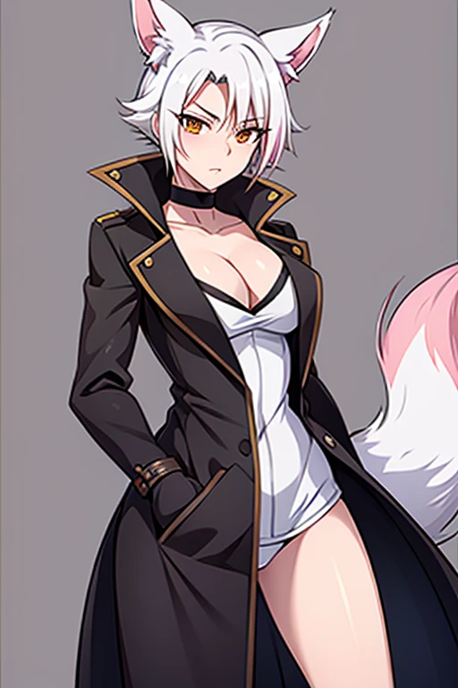 Fox-tailed zorro waifu, milf, pirate trench coat , HD, white hair with pink, bust, 