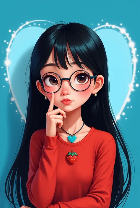 Disney image of a black haired girl, straight , long, Bookish hairstyle with a red long sleeved shirt with a strawberry with small glasses in the middle, a hood on and a blue heart necklace, a bright blue heart background 