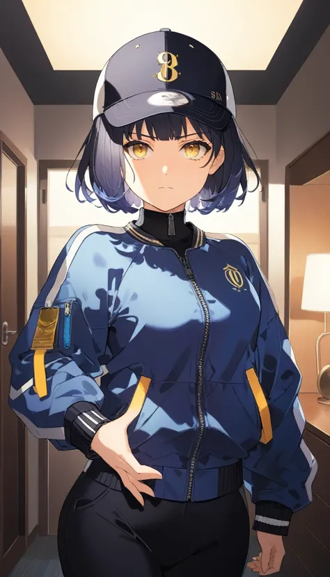 score_9, score_8_up, score_7_up, source_anime, 1girl, yellow eyes, room, wariza, medium hair, pixie bob haircut, navy blue hair, Frowning face, serious face, portrait, wear a mask, starshadowmagician, solo, Adult woman, best perfect anatomy, thin, curvy bo...