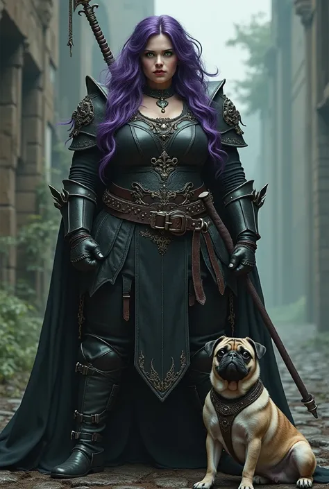 White woman with green eyes and purple hair, chubby, gothic warrior with her pug