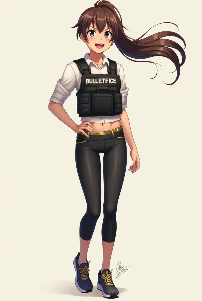 brown hair,ponytail hair,Teenager,(bartender),((Roll up your shirt sleeves)),(Roll up your shirt sleeves),(bulletproof vest),(hot pants),(running shoes),((simple background)),laugh,((whole body)),((whole body)),character sheet,High degree of completeness