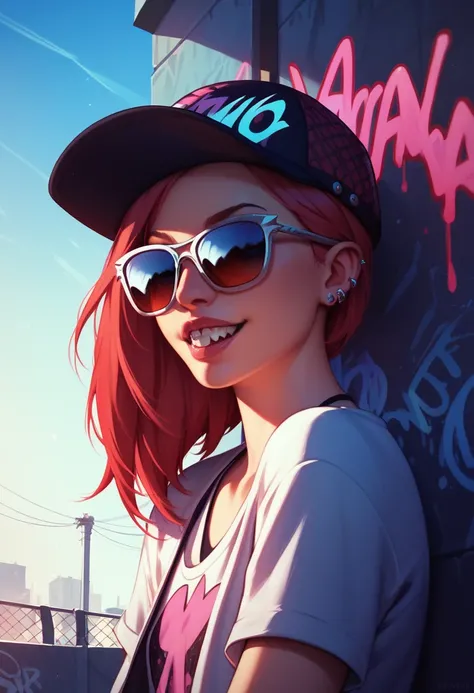 foreground,simple background,Background with neon rays of various colors,hyperdetailed,well defined details,hyper realistic,1 girl,graffiti hood,demon shirt,pierce,Sunglasses,teeth 