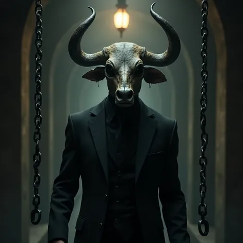 A man in a black suit and a bull skull with a destroyed horn instead of a head, in a dark environment, with chains hanging from the ceiling and a hanging lamp emitting a dim light.