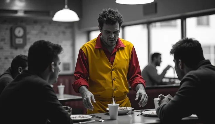 A distorted dramatic scene of an exhausted diner waiter, tired of working in this underemployment, customers sitting down calling the attendant, the whole scene is black and white and the attendant is wearing colorful yellow and red clothes.
