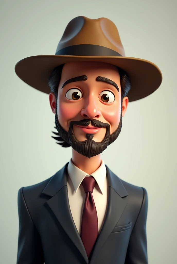 portrait of brad pitt, suite, medium shot, digital model, in playful character design style, hard surface modeling, tiago hoisel, with northeastern hat, round face, beard around mouth, slightly smiling, cartoon characters, delicate materials, bright colors